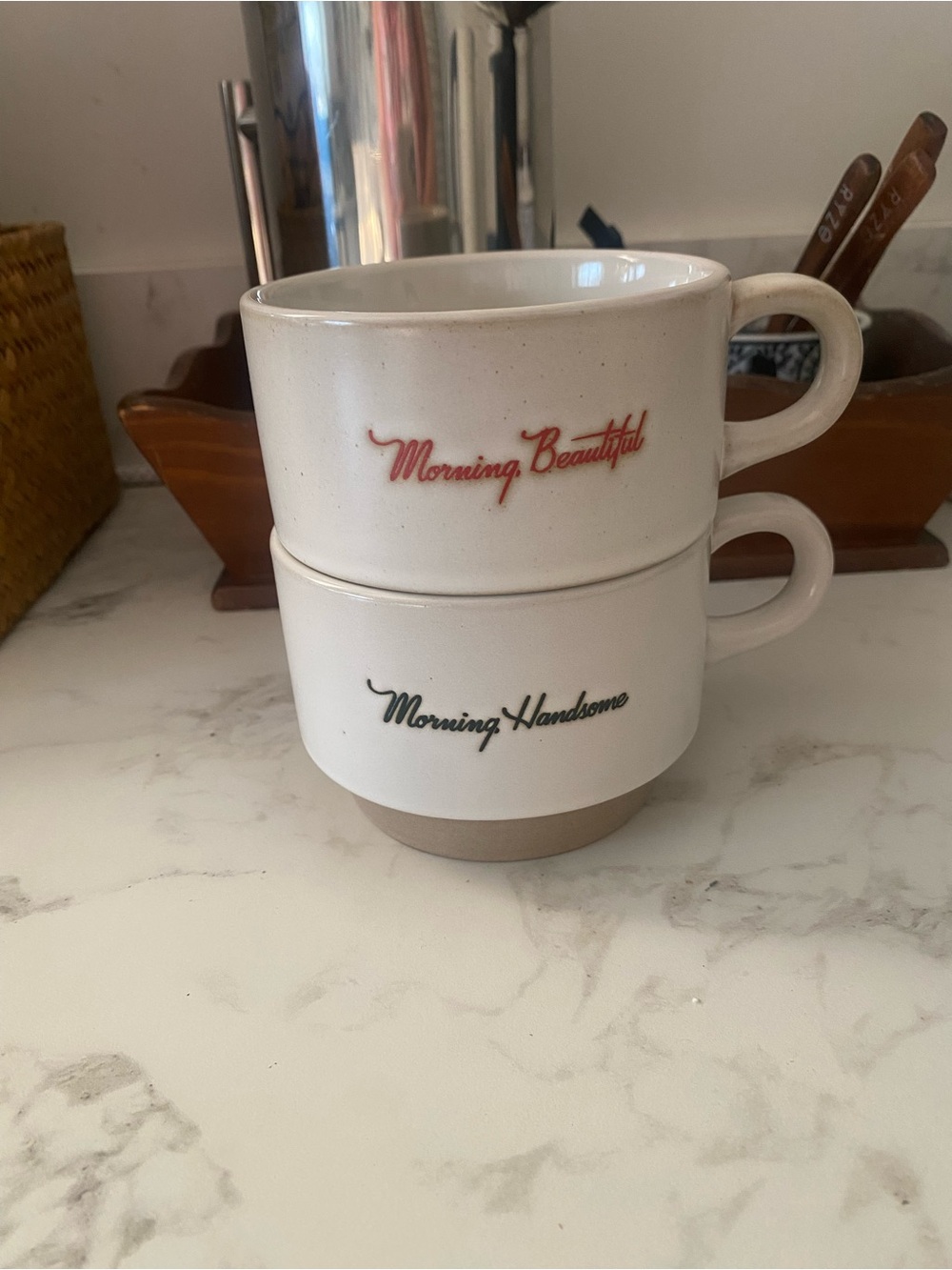 Hearth & Hand Cream Ceramic Stackable Mugs with Red and Black Script set of 2